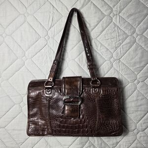 M.C. Brown Shoulder Bag Buckle Accent Animal Print
 leather